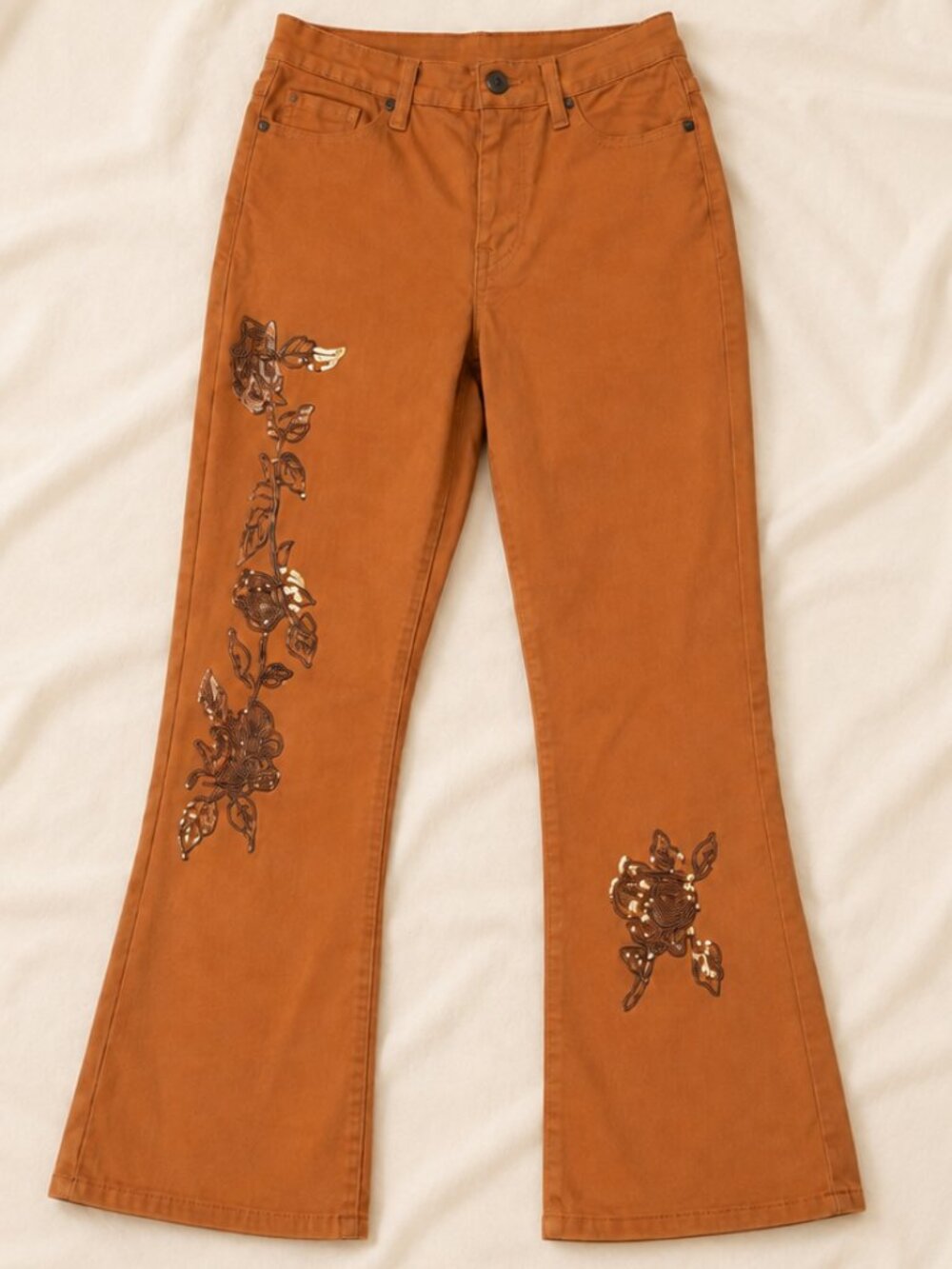 DG2 Women’s Petite 10 Cropped Bootcut Jeans Brown Floral Sequin Stretch